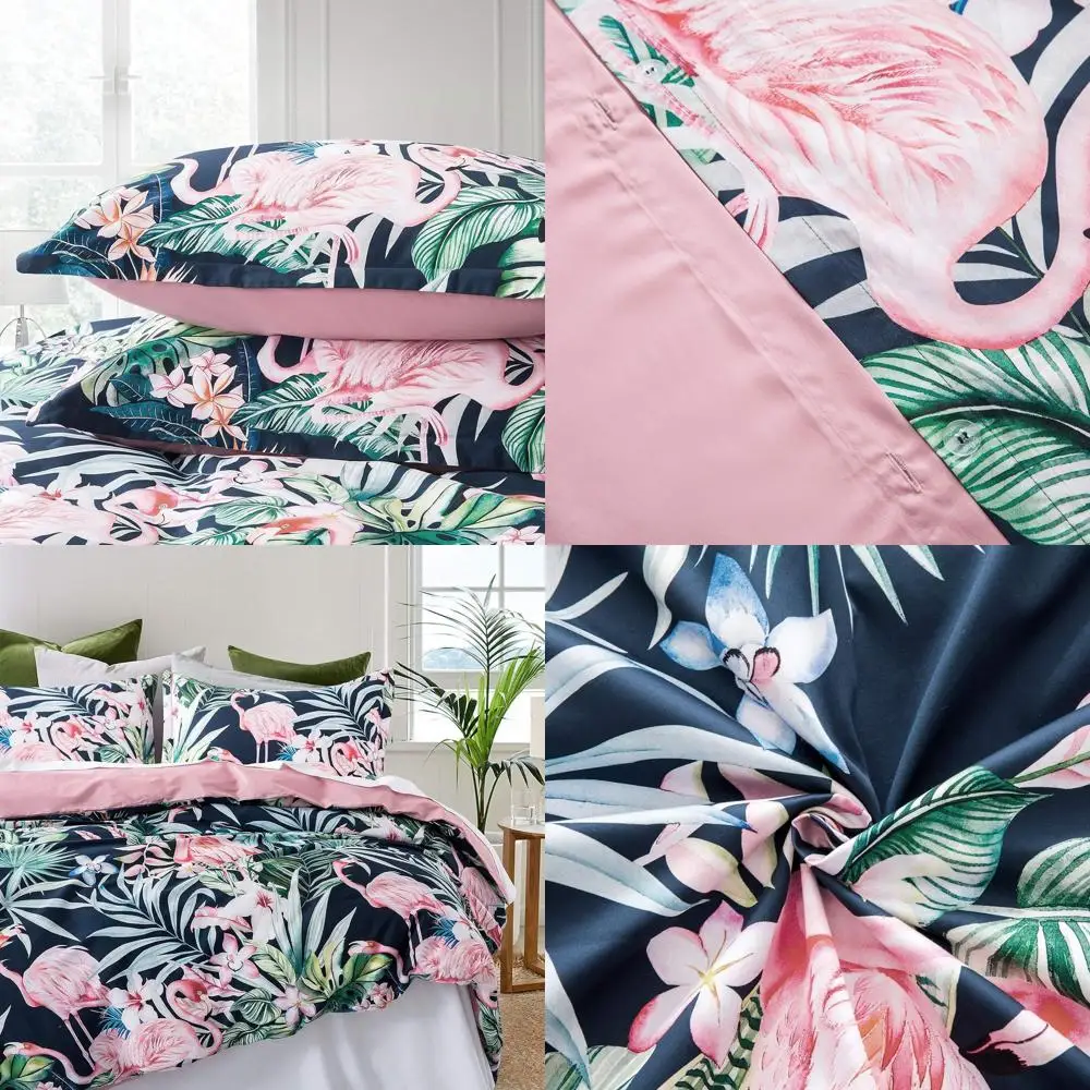 

Tropical Paradise Duvet Cover & Pillowcases Set: Exotic Island Florals, Trees, and Birds on Navy Cotton Bedding