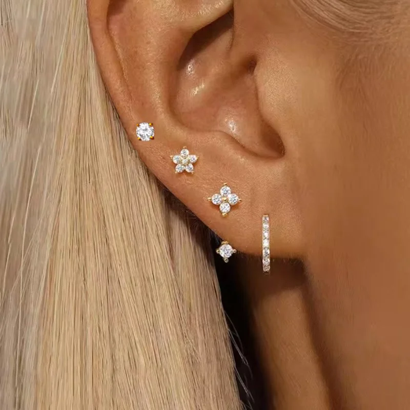 4PCS Mode Zirkon Runde Hoop Ohrring Set Frauen Temperament Blume Ohr Stud Huggie Ohrring Tragus Piercing Knorpel Schmuck