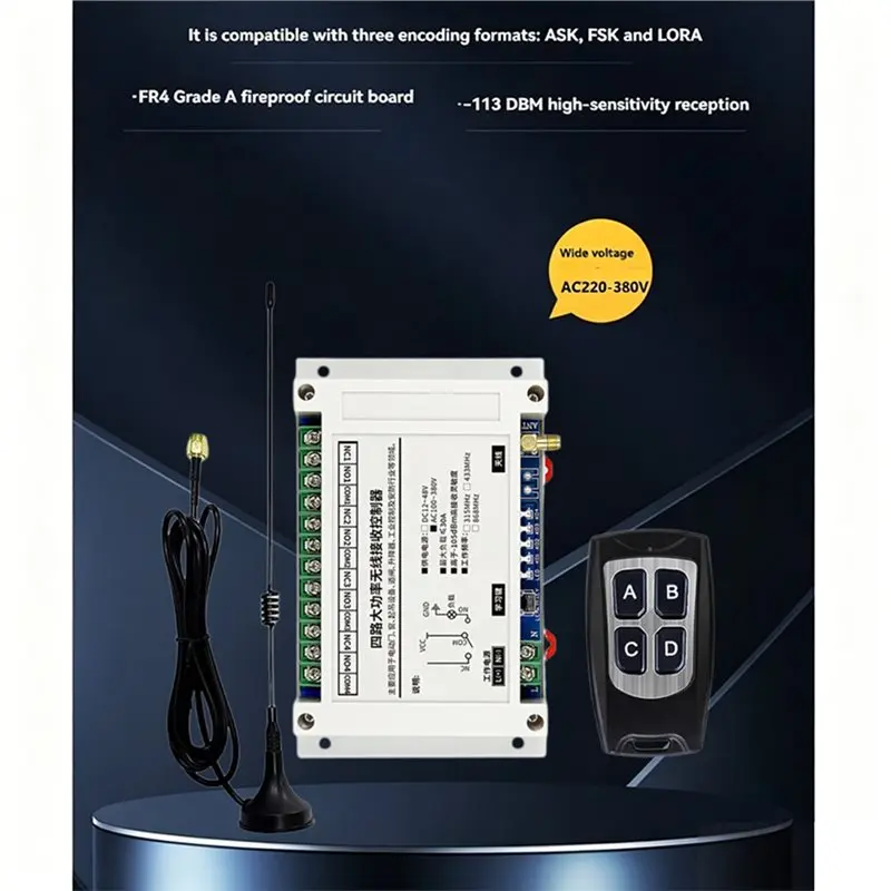 A13E-Wireless Remote Control 300M AC100V-400V 4CH 30A Switch Relay Receiver Transmitter With Suction Antenna 433Mhz
