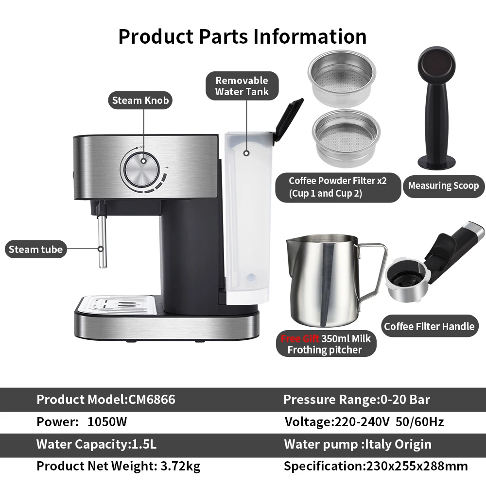 Кофе кофе BioloMix, 20 бар, 1050 Вт, полуавтоматическая кофе-машина для эспрессо со вспенивателем молока, кафетерий, капучино, паровой