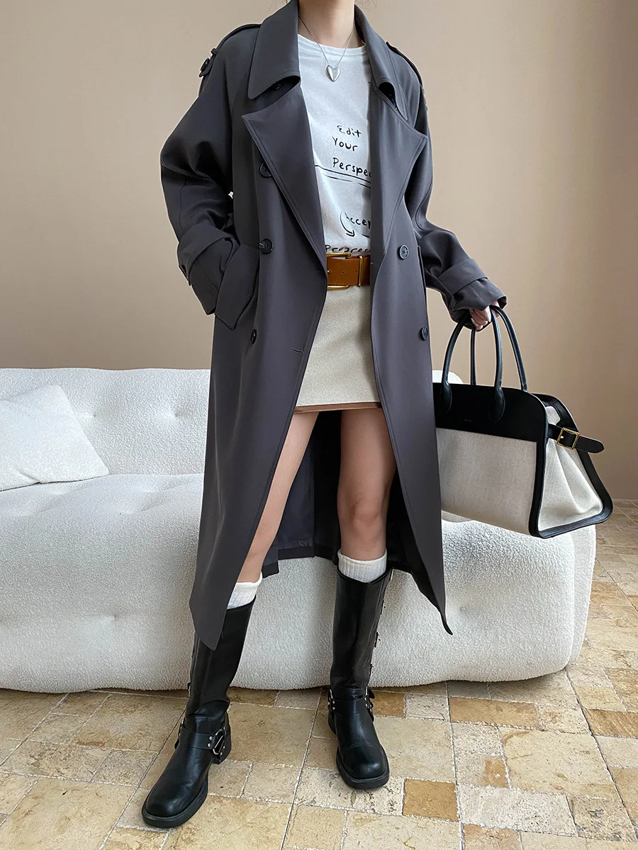 

Classic Lapel Double-Breasted Belted Oversized Trench Coat With Full Aura