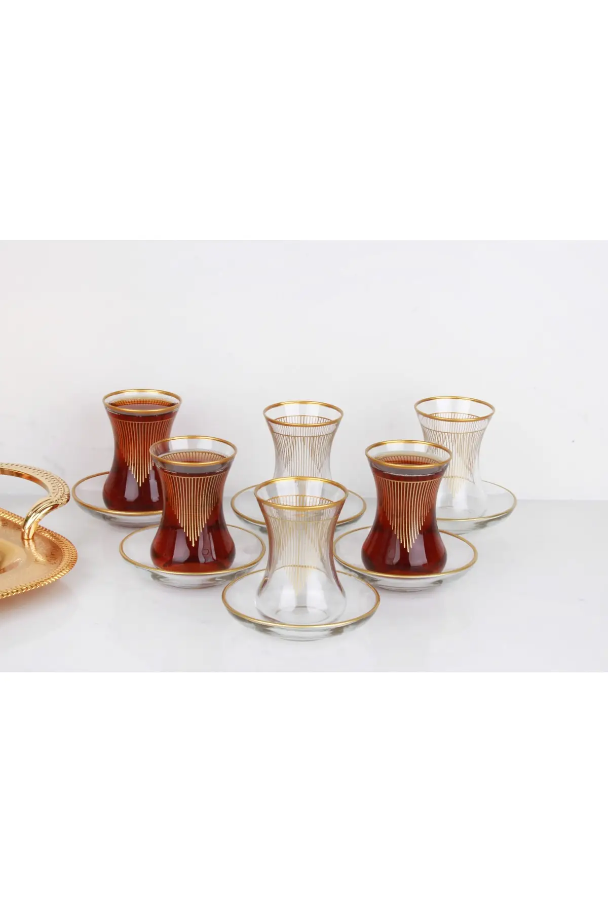 DOLBOVI striped 12 piece mouth gold full leaf Tea set Turkish Tea Glass Cup