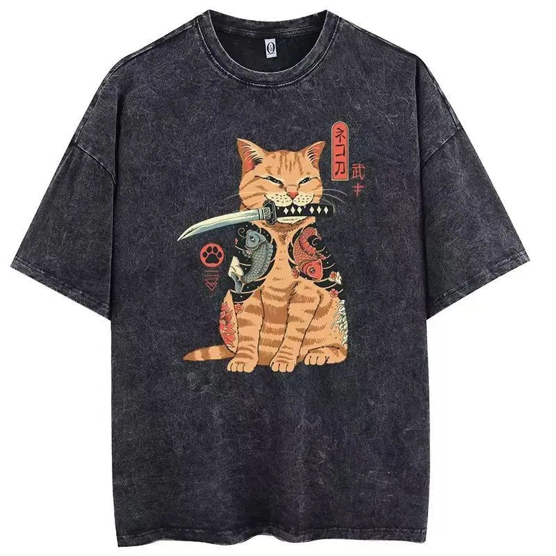 Hip Hop Washed Black Samurai Sword Cat Tshirt Women Clothing Short Sleeve Casual Japanese Harajuku Comfortable Loose Cool Tees