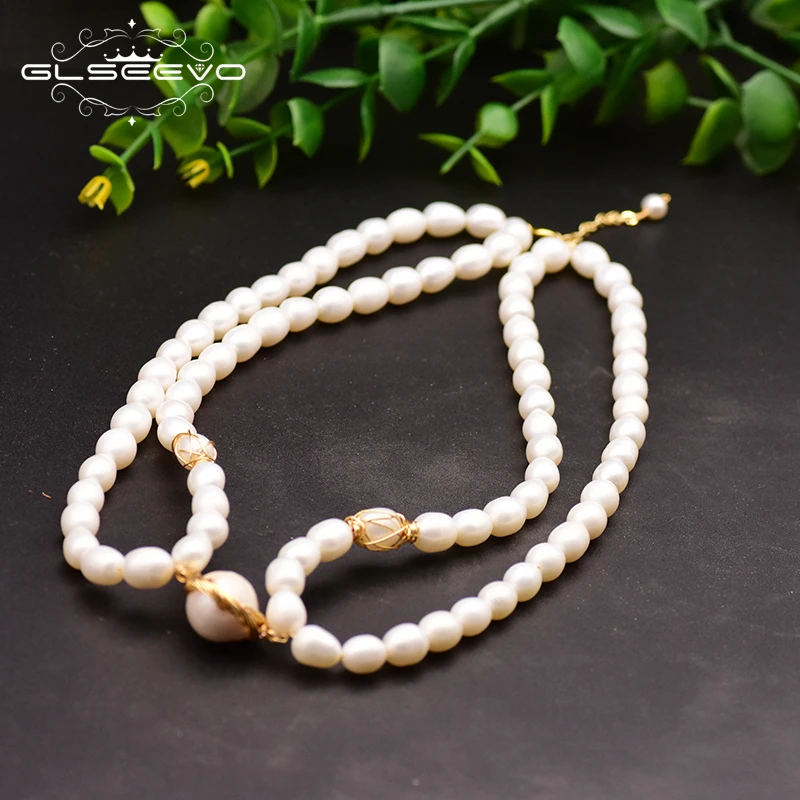 GLSEEVO Handmade Natural Fresh Water Pearl Double Layer Choker Necklace For Women Mom Daughter Gift Fine Jewelry Kolye GN0091