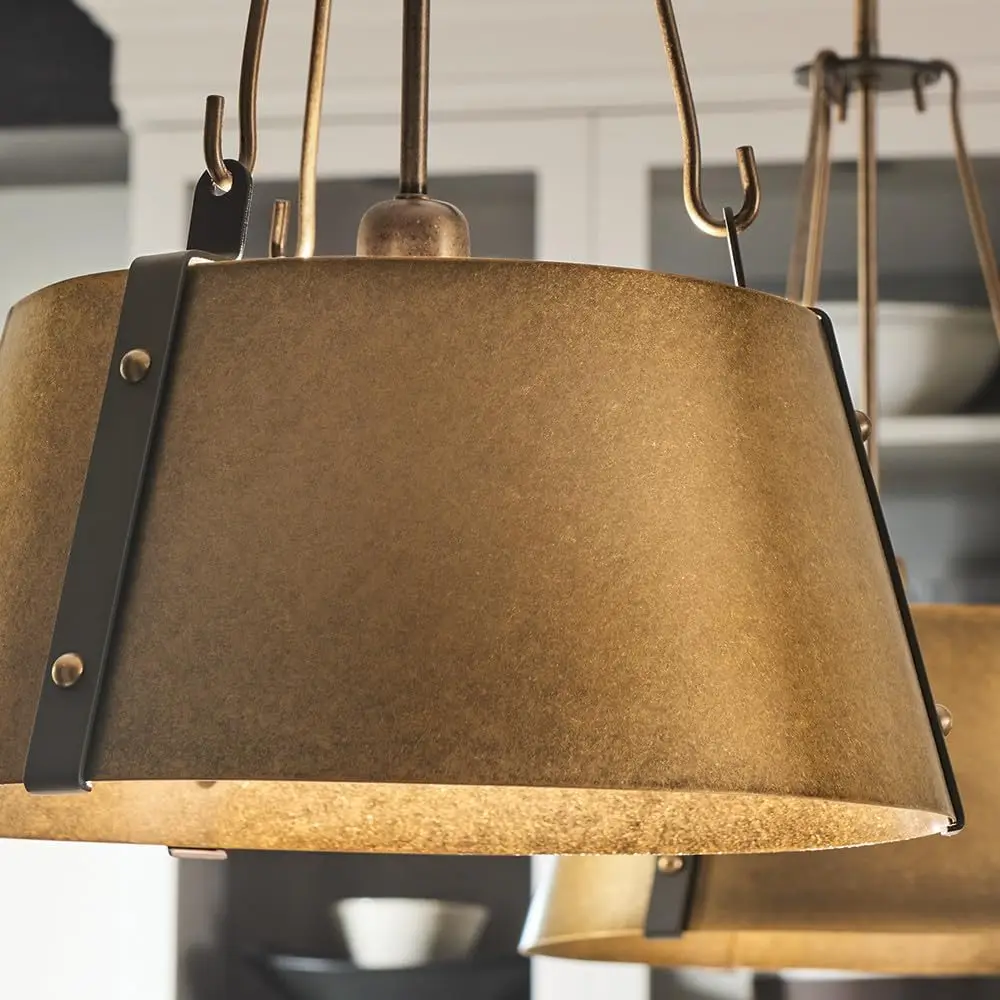 

Small Single Light Drum Pendant - Adjustable Height, Bold Rivets - Rustic Brass with Oil Rubbed Bronze Accents