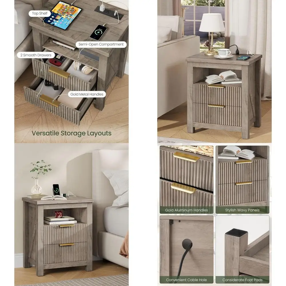 

Charging Station Nightstand, Fluted 2-Drawer End Table, Rustic Panel Bedside Table, Engineered Wood Bedroom Side Table in Greige