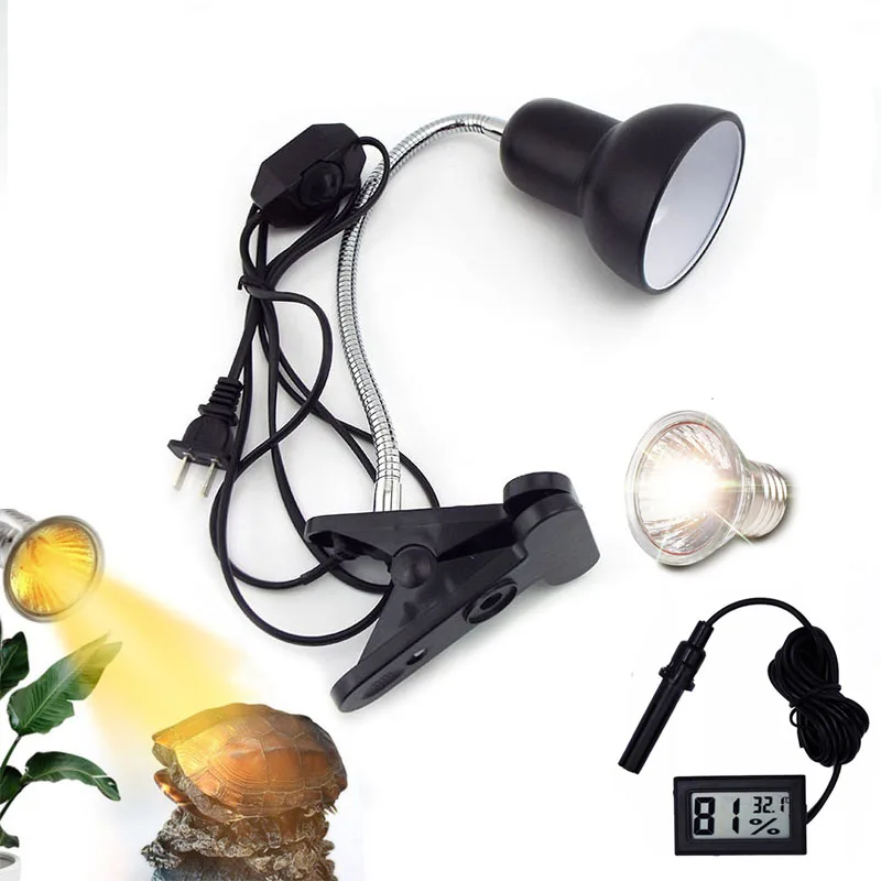 UVA+UVB Reptile Lamp Holder Set with Clip-on Thermometer Hygrometer Lizard Turtle Tortoises Basking Heating Bulb 220V D1