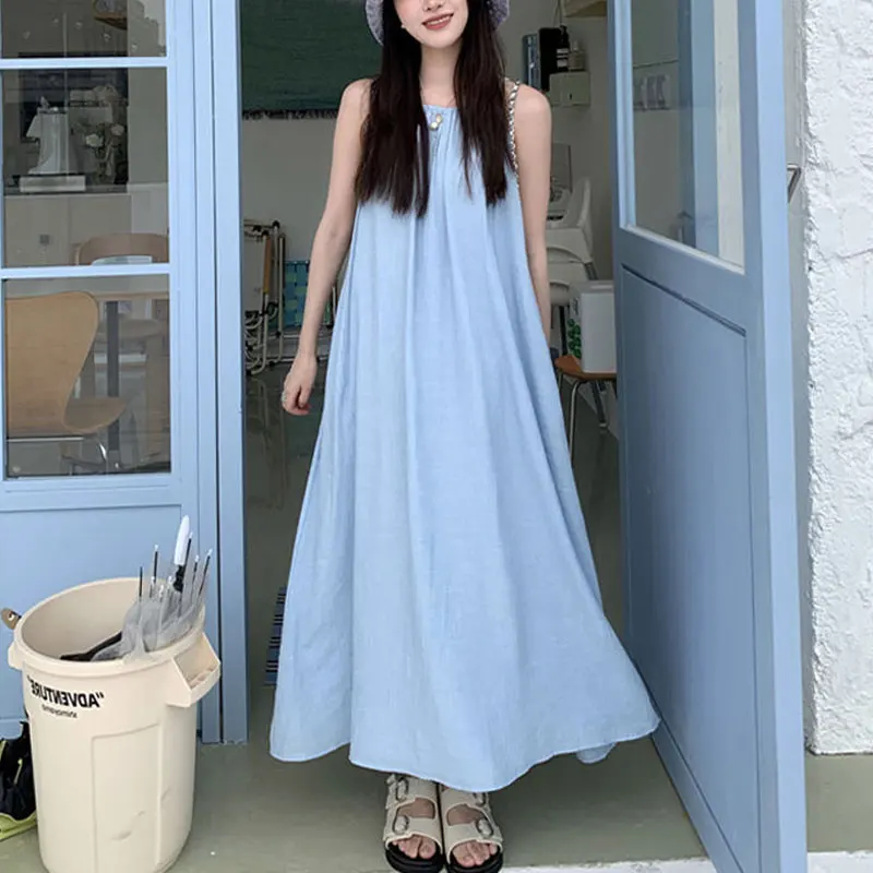 

Casual Loose Halter Slip Dresses Women's Clothing Solid Color Basic Summer New Sleeveless Fashionable Folds Straight Long Dress