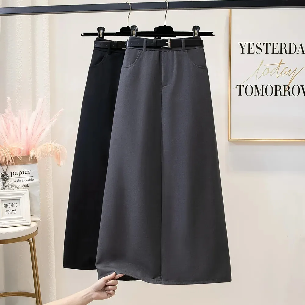 Black Straight Long Suit Skirt With Belt Women Autumn Winter Korean High Waist Gray Midi Skirts Students Office Lady Casual Saia