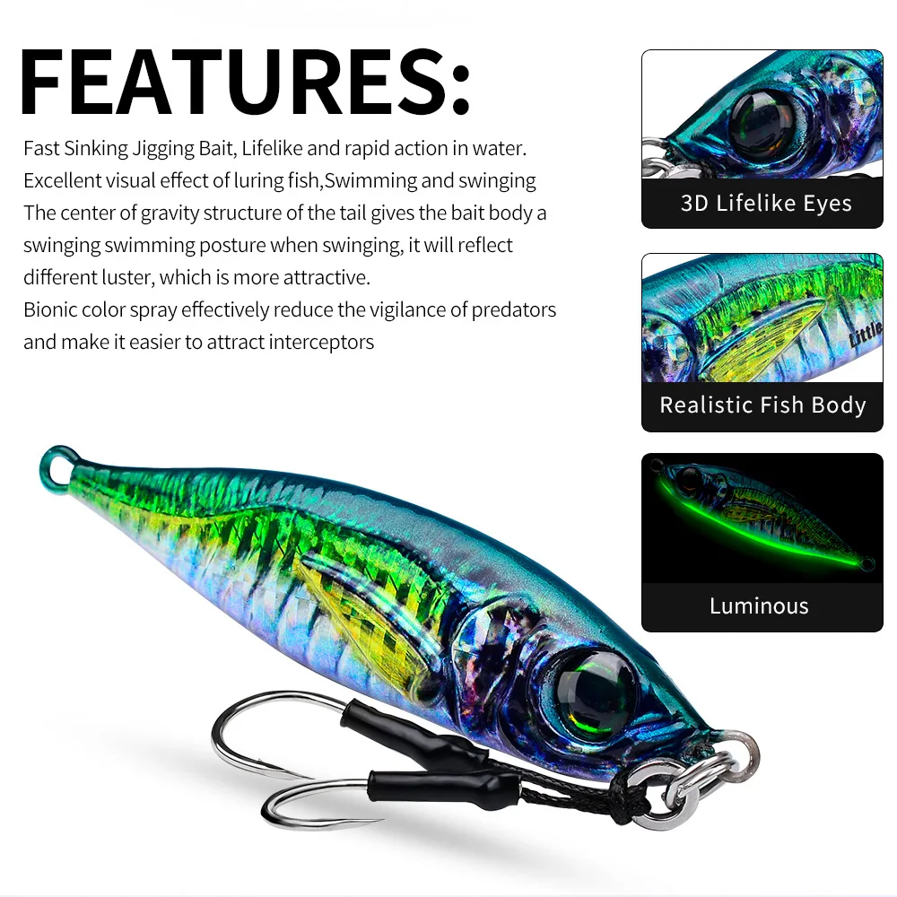 1PC 7g-80g Luminous Effect Fast Sinking Metal Slow Jig Casting Trout Fishing Lure Bait Artificial Hard Jigging Lure Hook Tackle