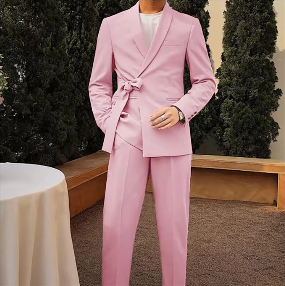 

Fashion Men's Suits 2 Pcs Shawl Collar Elegant Belt Tuxedo Wedding Dress Full Evening Celebrity Clothing (Blazer+Pant)