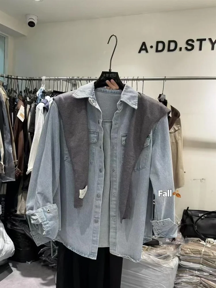 

Slimming Effect Long Sve Denim irt And Scarf Two-Piece Set Casual Sle Loose Fit Faionable Early Autumn New Arrival f...