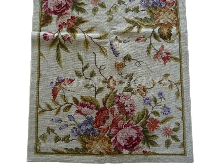 Free shipping 2.5'x12' Runner Handmade Floral English Garden Blue Roses Wool Needlepoint Rug