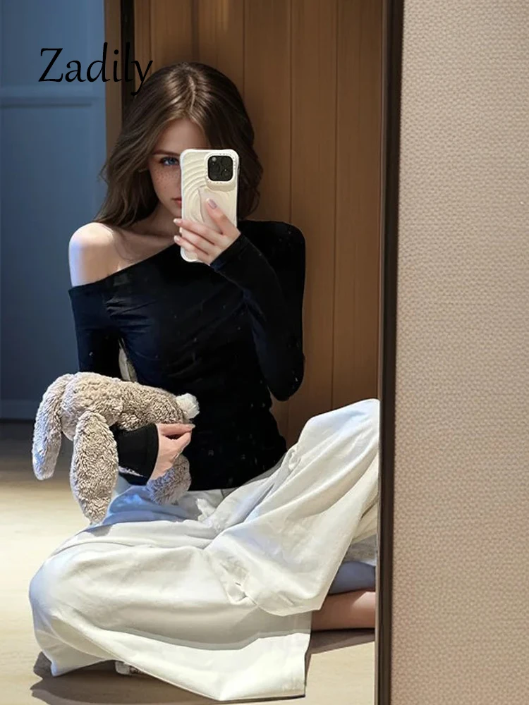 Sexy Skew Collar Women T Shirt 2025 Spring New Korea Style Long Sleeve Solid Color Women's Top Tee Casual Bottoming Clothing