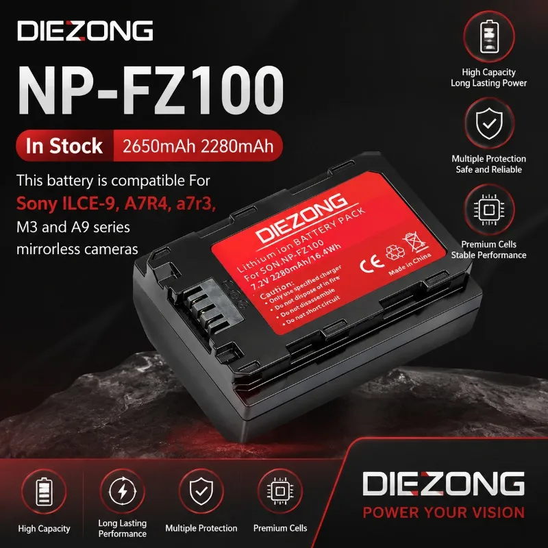 In Stock 2650mAh 2280mAhNP-FZ100This battery is compatible For Sony ILCE-9, A7R4, a7r3, M3 and A9 series mirrorless cameras