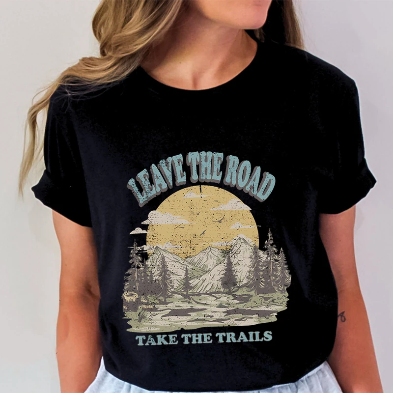 Leave The Road Take The Trails T-shirt Women Mountain Adventure Vintage Graphic Tee Adventure Awaits Outdoor Classic T-shirts