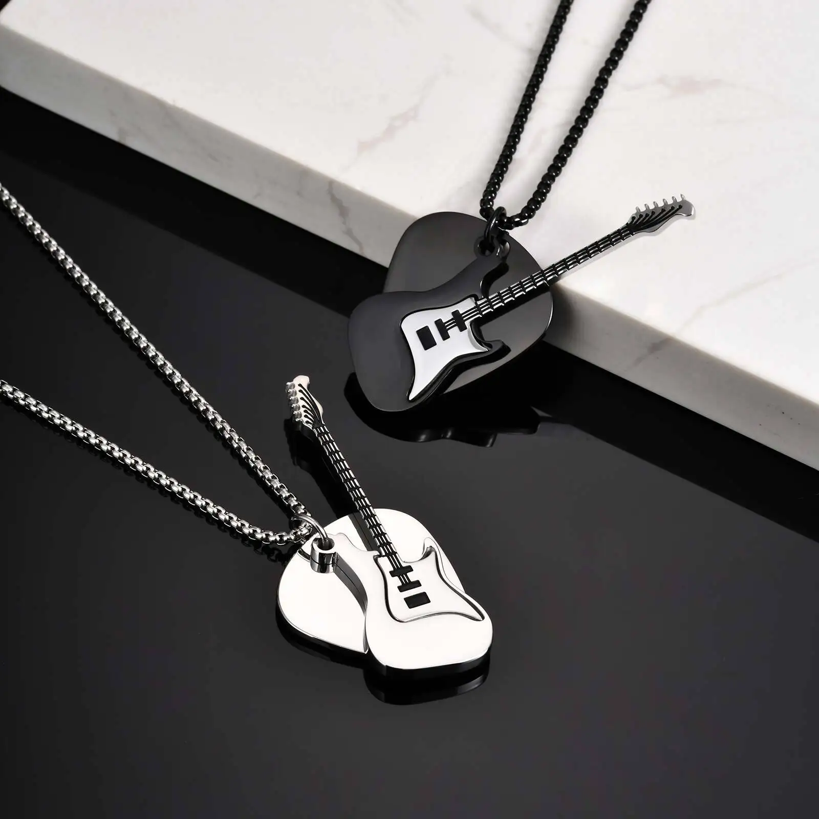 Vnox Guitar Pendant Necklace for Men, 2mm Width Box Chain Punk Necklace, Black Silver Color Stainless Steel Jewelry Gift for Him - Image 3