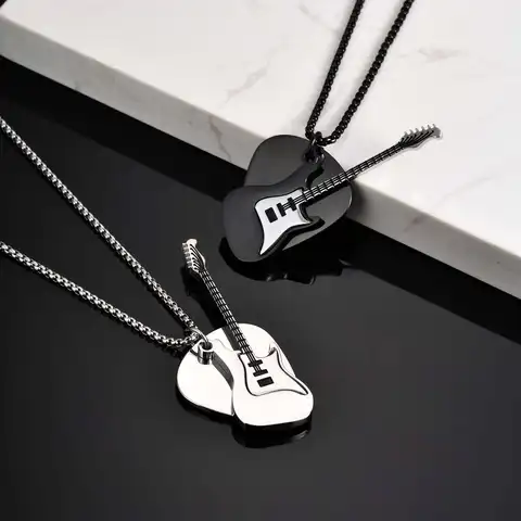Vnox Guitar Pendant Necklace for Men, 2mm Width Box Chain Punk Necklace, Black Silver Color Stainless Steel Jewelry Gift for Him