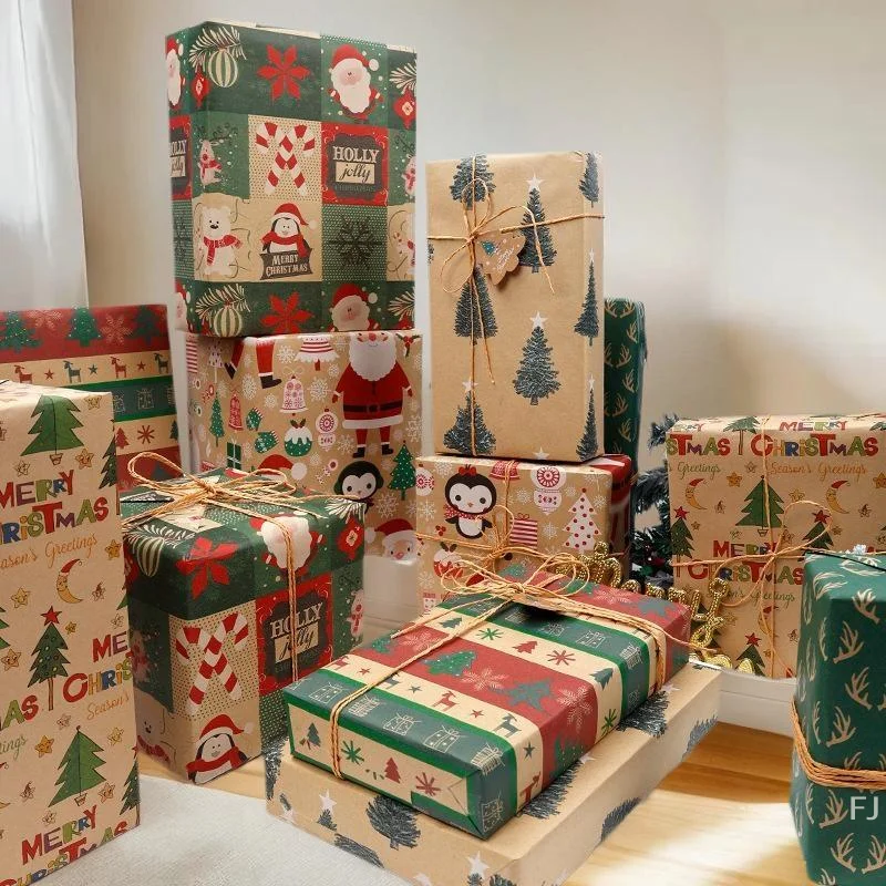 لفة ورق كرافت للعطلات بتصميم ندفة الثلج والشجرة، مثالية لتغليف الهدايا أثناء عيد الميلاد #4