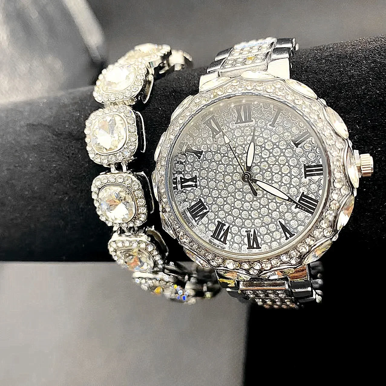 Reloj Diamound Iced Out para mujer, pulsera de cadena de tenis ostentosa, conjunto de joyería de Hip Hop, Reloj de lujo para hombre, regalos masculinos, Reloj