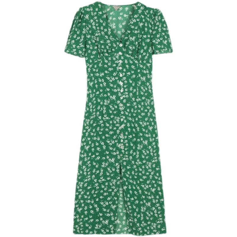 레트로 플로럴 프린트 싱글 버튼 브이넥 반소매 롱 드레스 예술적 슬림핏 A라인 스커트 스트리트 스타일 봄 컬렉션