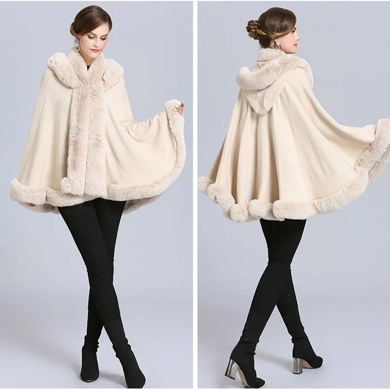 

Soft Faux Rex Rabbit Fur Cape Coat Hooded Cloak Women Knit Cashmere Cardigan Double Collar EuropeStyle Loose Overcoat X1144