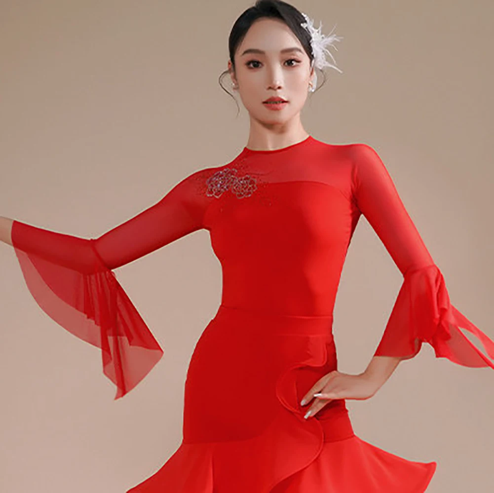 

Ballroom Dance Competition Royal Blue Women's Rhinestone Contact Wear Top Trumpet Sleeve Black Ballroom Dance Mesh Red Top