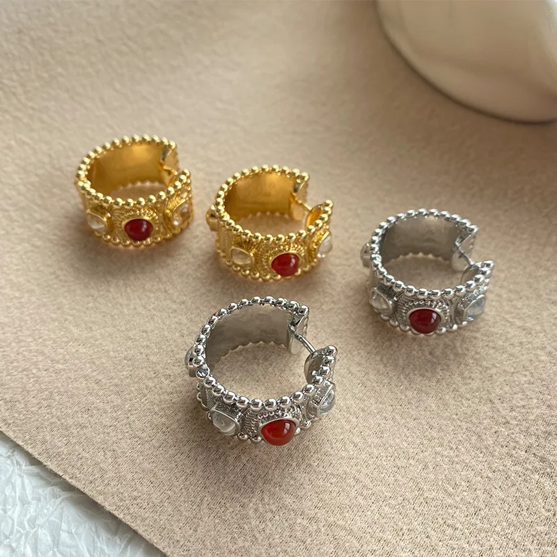 

Vintage Red Agate Hoop Earrings - Luxury Handmade Glazed Glass Circle Studs with Exotic Flair Jewelry for Women M365