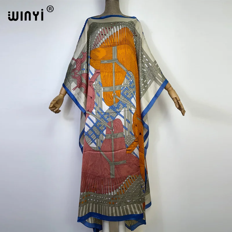 WINYI Africa silk feeling Beach Cover up elegant boho clothing bathing suit kaftan holiday women christmas party dress kaftan