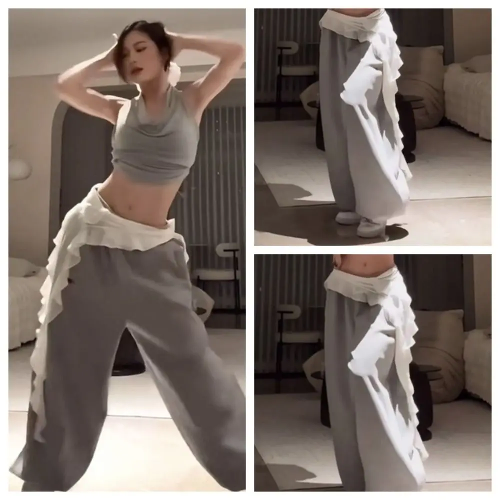 

Jeans Pants Decor Leopard Lace Mini Skirt See Through Y2K Streetwear Lace Up Ruffles Skirt Harajuku Lace-up Design Butt Curtain