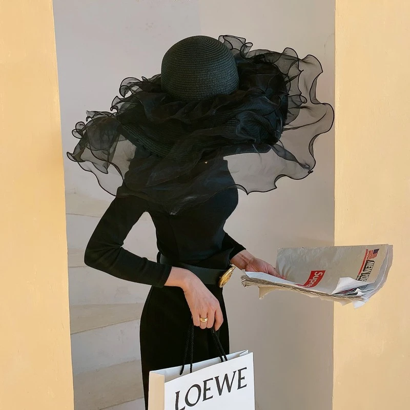 

Rare French noblewoman shaped hat 60s black translucent mixed woven straw eaves hat vintage antique hat