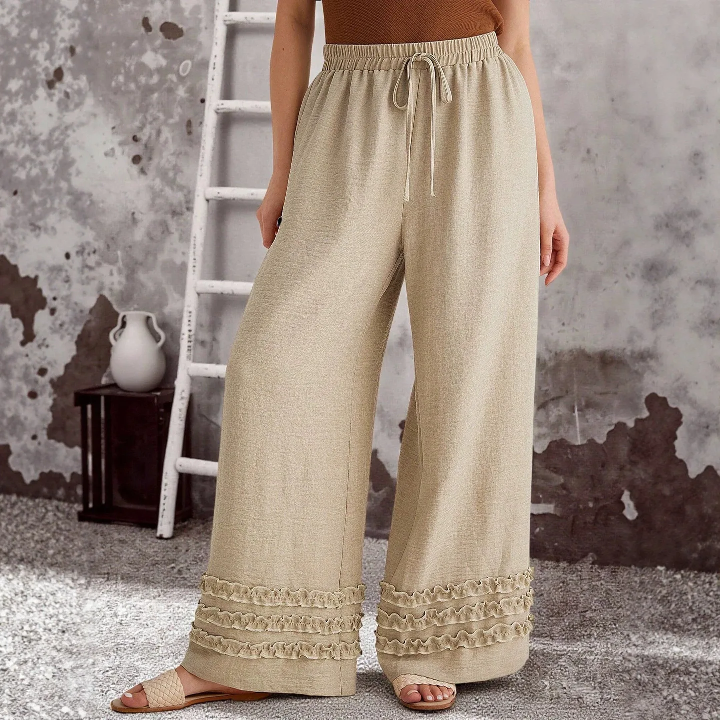 2026 Plus-size Beige Cotton And Lines Wide-leg Pants. With Drawstring Elastic Waist And Multi-layered Ruffled Hem Random Long