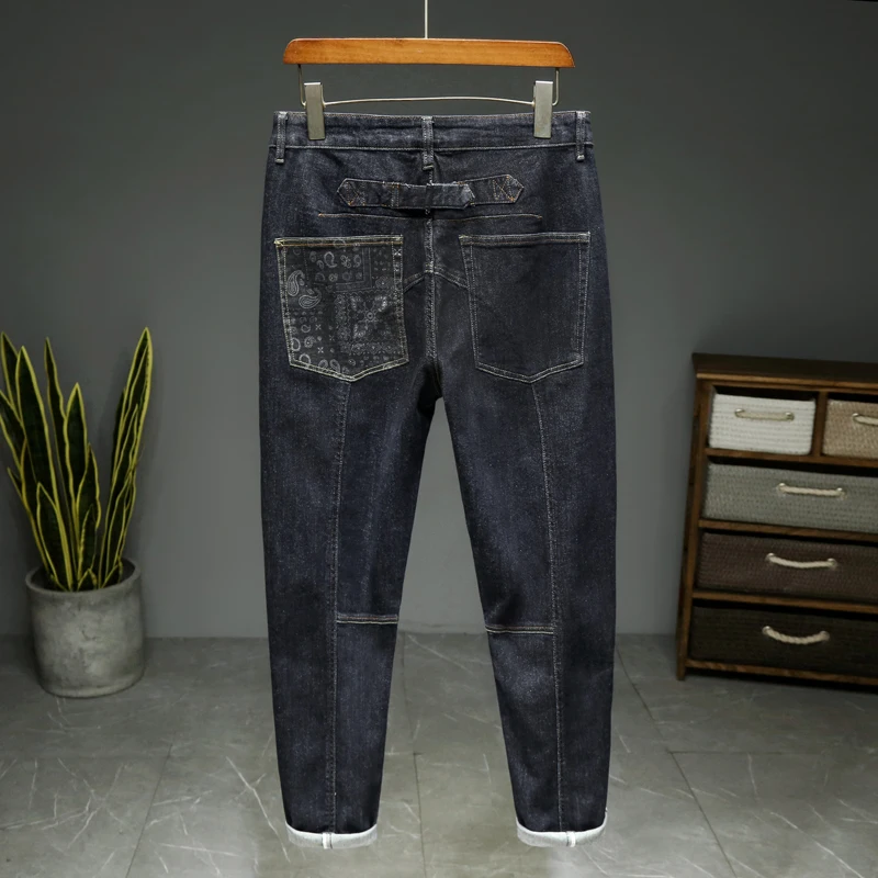 Calça jeans de paisley lavada masculina, calça reta solta, cor primária, moda de rua, novo padrão, moda, 2024