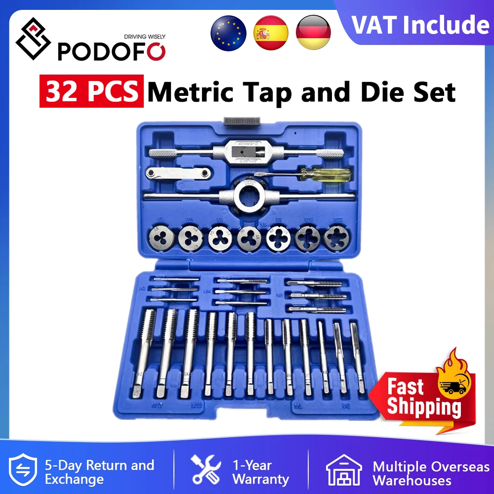 Podofo 32 pièces ensemble de tarauds et de matrices multi-tailles tarauds domestiques portables outil de quincaillerie outil clé métrique coupe M3-M12 outil de filetage manuel