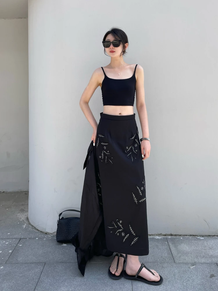 

Юбка женская А-силуэта из хлопка и льна с вышивкой бисером и тесьмой, с завышенной талией, для повседневной носки