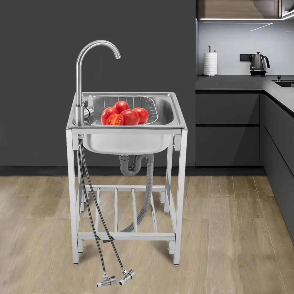 

Free Standing Single Bowl Utility Sink with Cold and Hot Water Faucet and Storage Shelves Stainless Steel Hand Wash Station