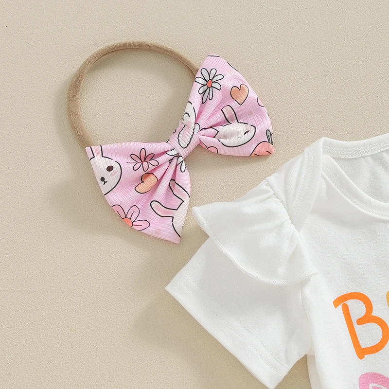 

Easter Outfit Baby Girl Letter Bunny Print Ruffle Short Sleeve Romper Newborn Bloomer Shorts Summer Clothes