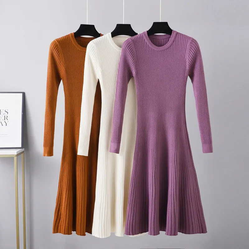 

Elegant Slim Long Knit Women Maxi Sweater Dress O Neck Winter Thick Warm A Line Dresses Woman Soft Pleated Midi Dress Autumn