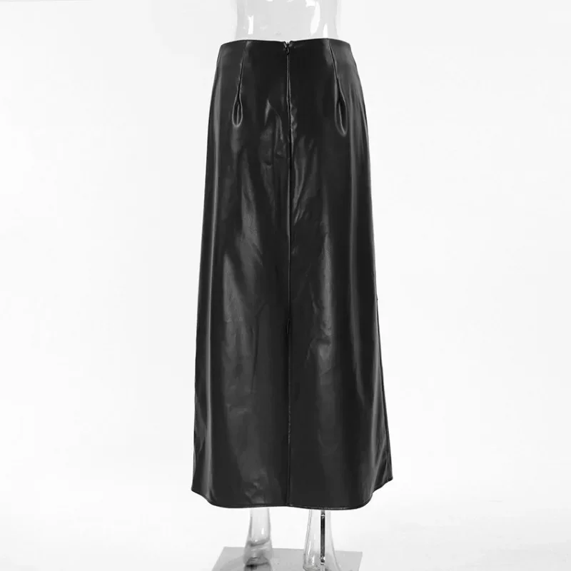 Women Retro Black Skirt Matte LeatherCommuter A-shaped High Waist Solid Color Fashion Streetwear Office Ladies Long Midi Skirts