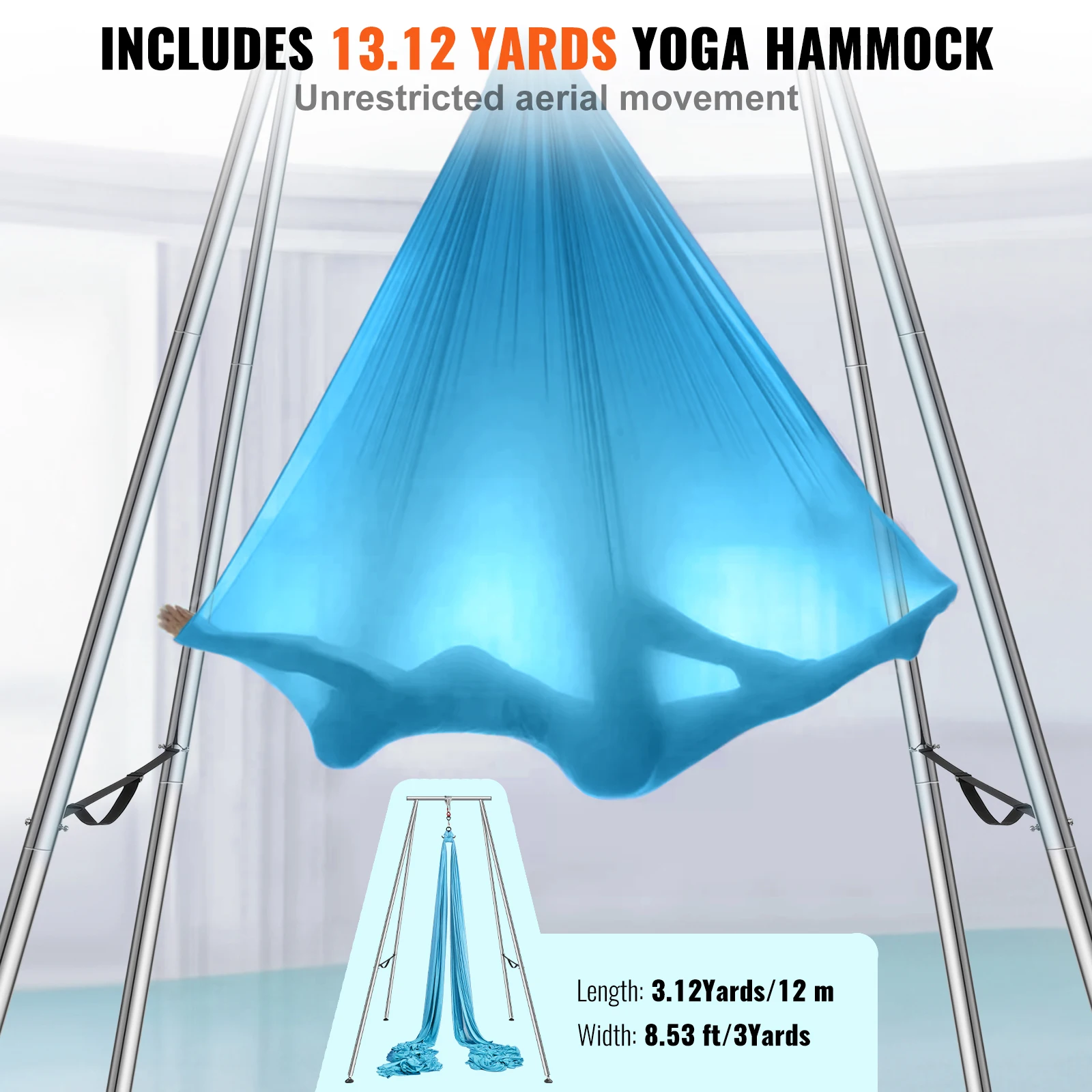 VEVOR Aerial Yoga Frame & Hammock 9.67 ft   Yoga Swing Stand W/13.1 Yards Aerial Hammock Max 551lbs Yoga Rig for Indoor Outdoor