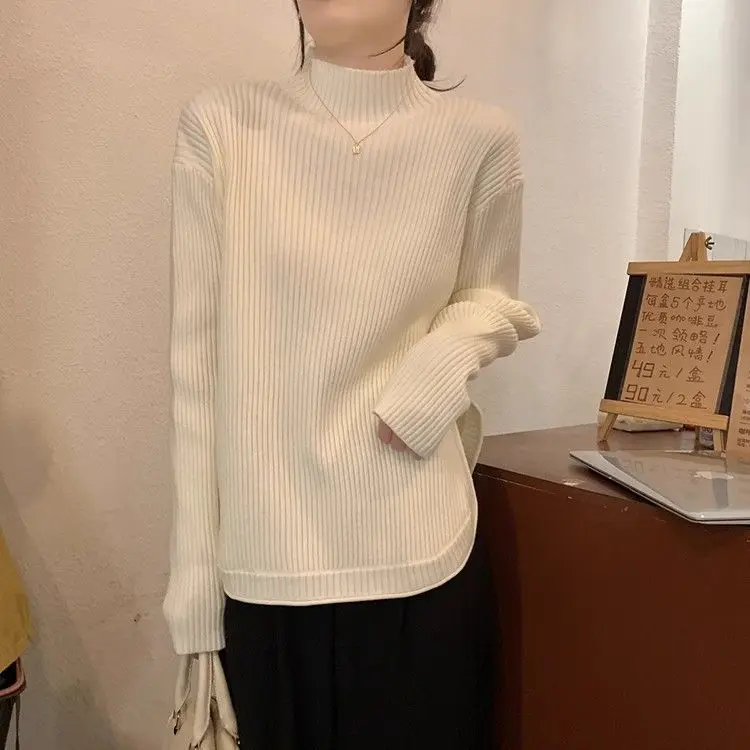 Half High Neck Split Knit Autumn and Winter Korean Version 2023 New Simple Loose Casual Versatile Long Sleeved Top