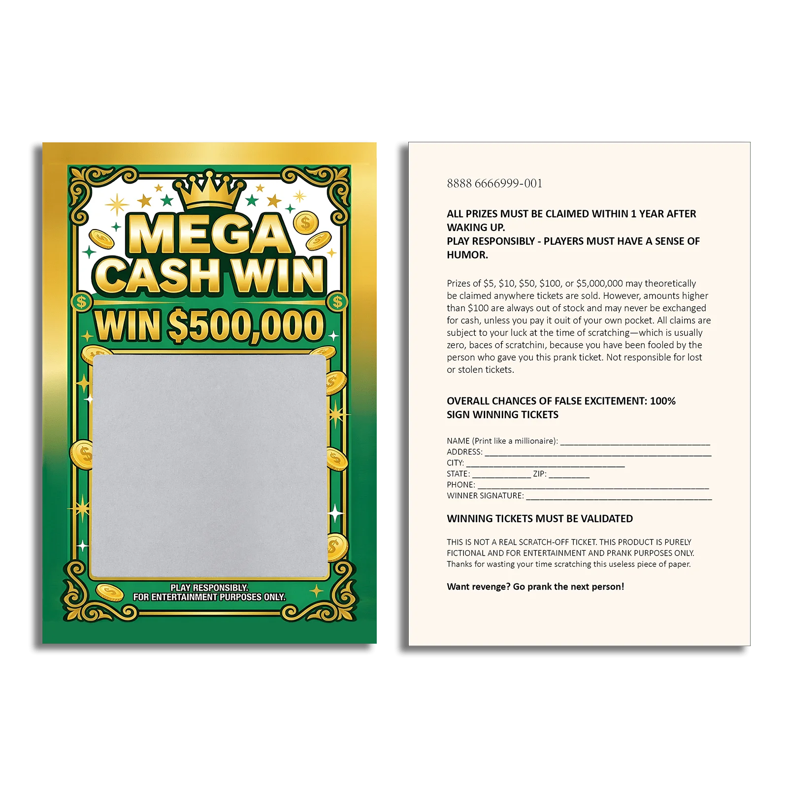 Gefälschte Gewinn-Rubbelkarten, Mega Cash Win 500K Scherz-Lotterie-Tickets, Neuartige Rubbelkarten für Partys, Aprilscherz-Spaß – Detail 4