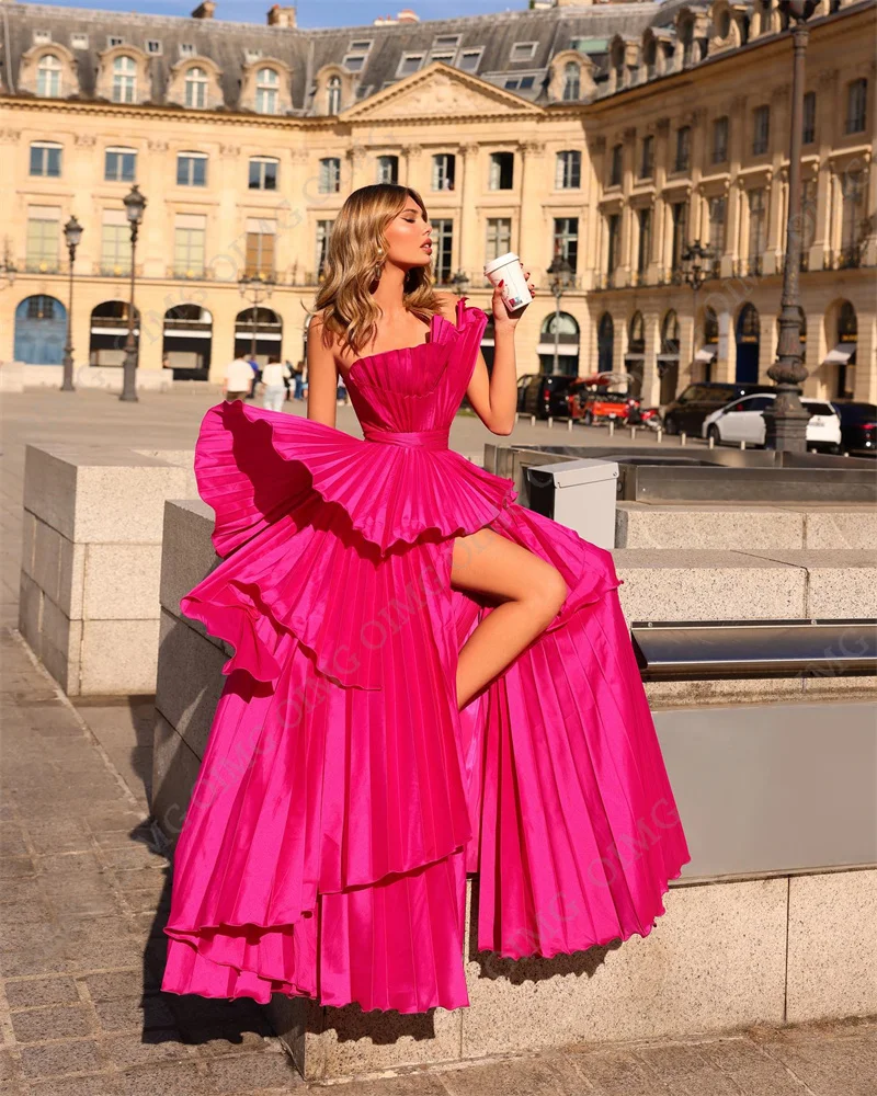 OIMG Fuschia Tiered Split Custom Evening Dresses Satin A Line Party Prom Gowns Strapless Formal Occasion Vestidos De Novia