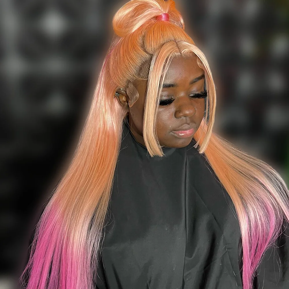 オンブルピンク 13 × 6 1​​3 × 4 透明レースフロント人毛ウィッグ女性のための事前摘み取られた色ライトピンク人毛レース前頭かつら