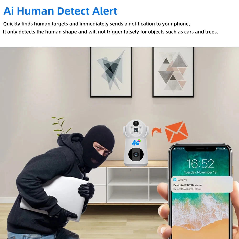 V380 4G SIM Card Camera 4MP PTZ 4K WiFi 360° Baby Monitor AI Cry Detection 4000mAh CCTV