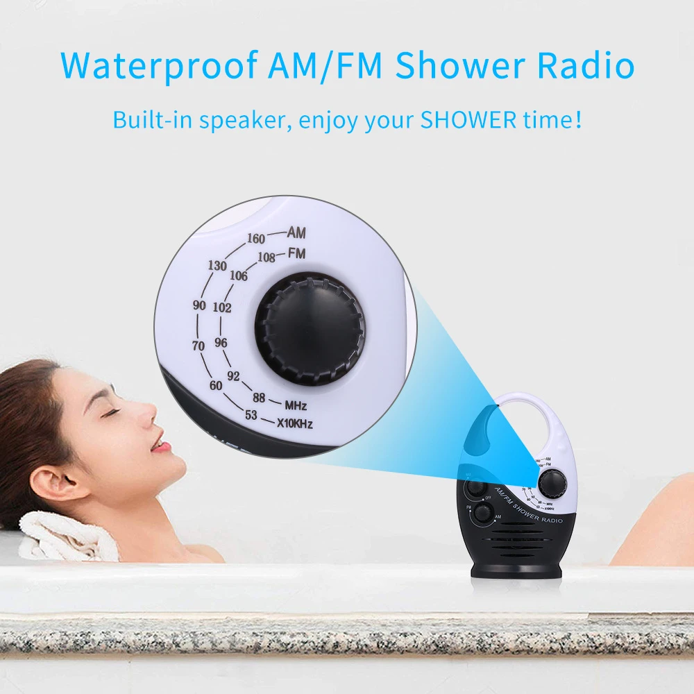 Waterproof Portable FM AM Radio Shower Music Hanging Radio Suit Bathroom Bath Cabin Black Powerful Hi-Fi Speakers Radio Operated