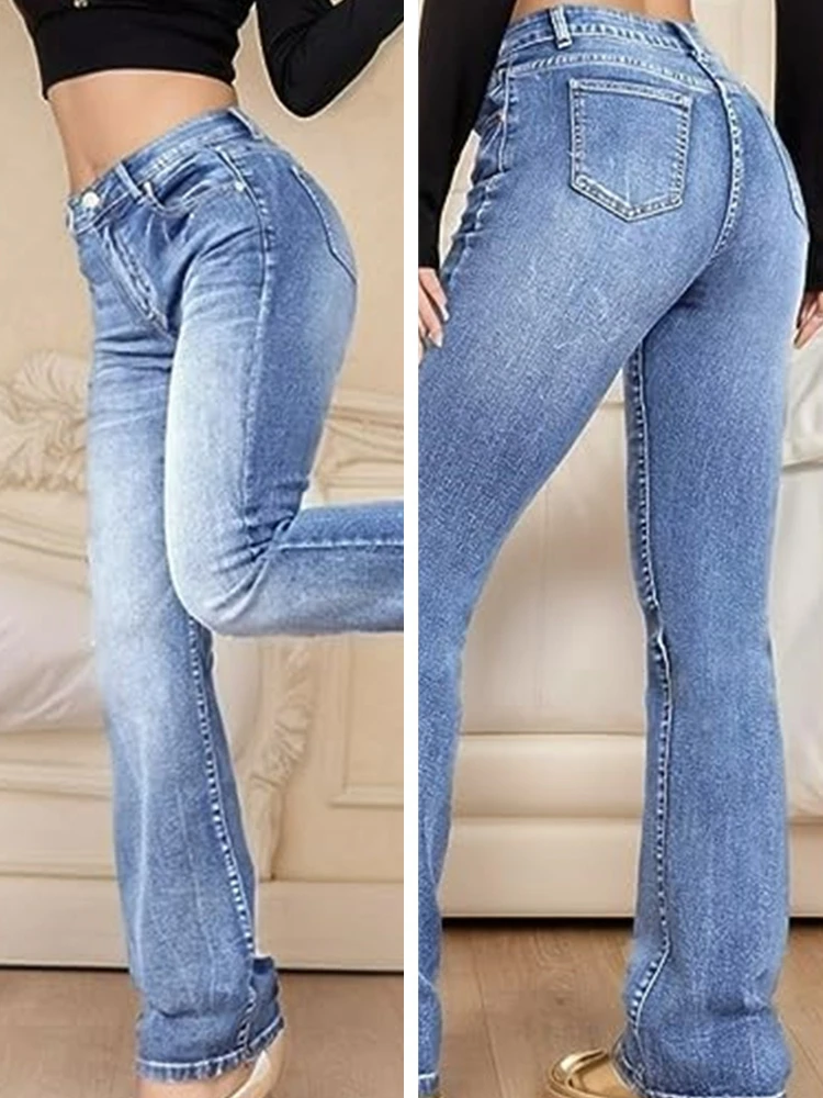 กางเกงยีนส์เดนิมผู้หญิงทรงขาบาน สไตล์ Y2K สตรีทแวร์ ทรงเข้ารูป เอวสูง ทรงตรง หรูหรา อเนกประสงค์ สวมใส่สบาย ปี 2025