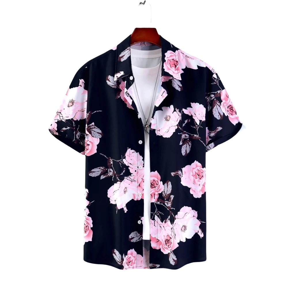 

Summer Men's Fashion Coconut Tree Print T-Shirt Single Lemon Breasted Beach Vacation Shirt Mens Hawaiian Clothing Casual Wear