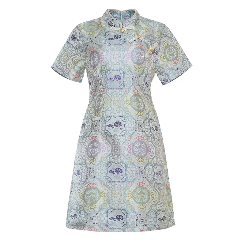 

Loose Traditional Qipao Short sleeved Dress Chinese Style Blue Luxury Printed Improved Cheongsam Women's