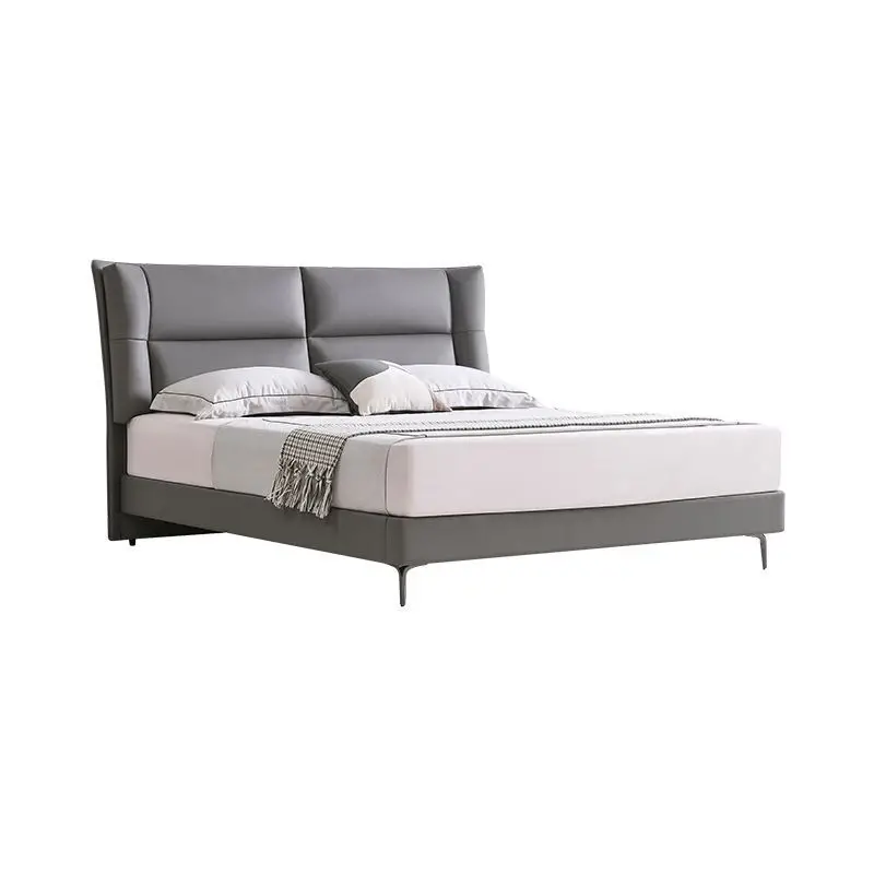 

Premium Italian minimalist leather bed, flush-edged tall steel frame bed
